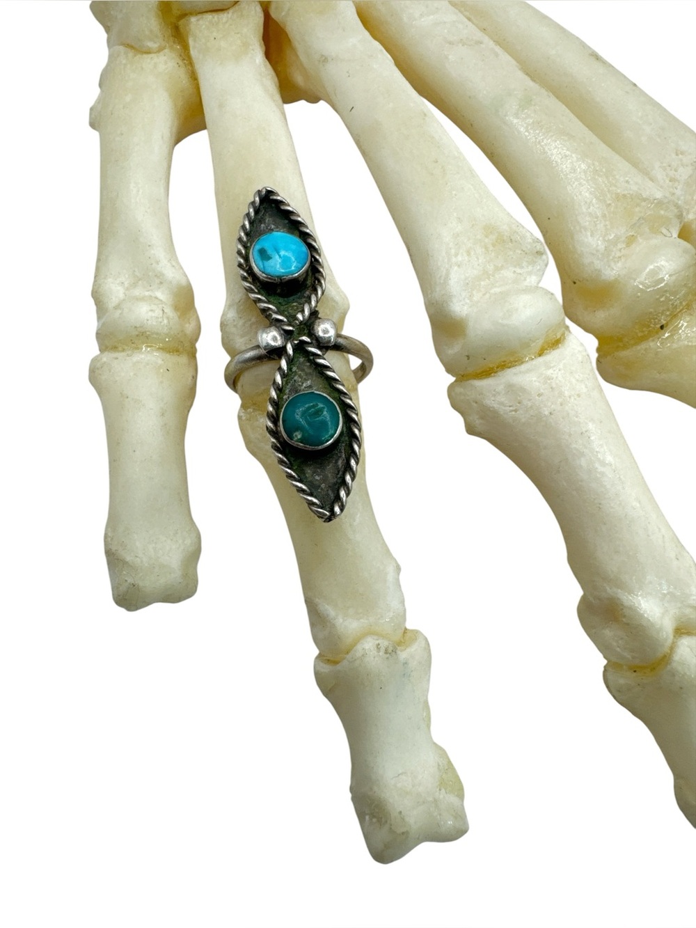 Vintage Sterling Silver Fred Harvey Era Zuni Snake Eyes Turquoise Pinky Ring
